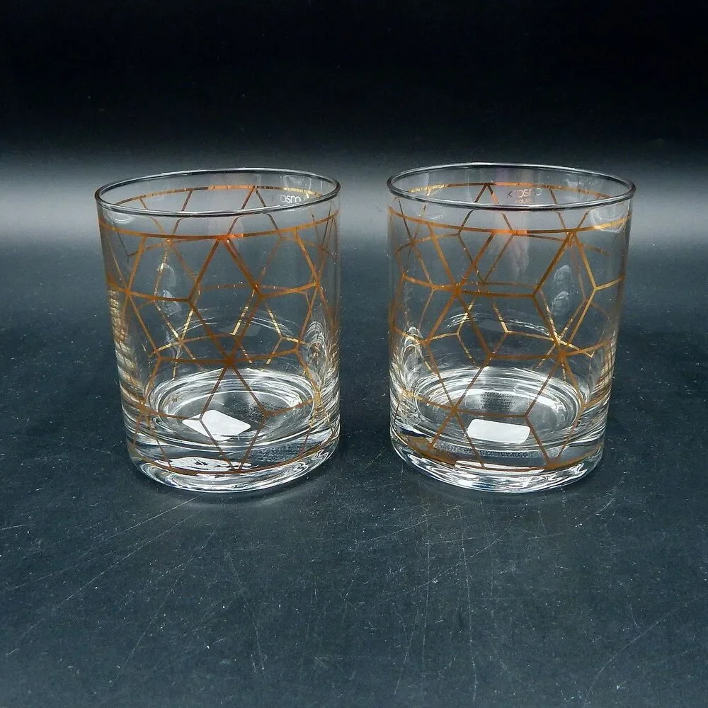 Crate & Barrel Jaxson Old Fashioned Rocks Glassware by Krosno Poland Gold Glass